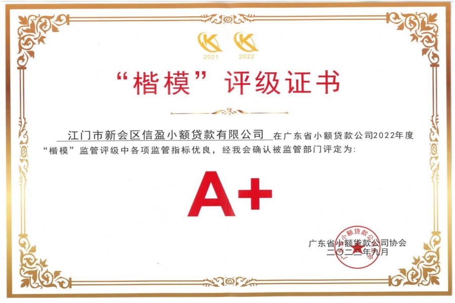 熱烈祝賀信盈小額貸款公司被廣東省地方金融監(jiān)督管理局評為A+“楷?！毙≠J公司，成為江門市唯一連續(xù)2年A+級標(biāo)桿企業(yè)！